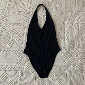 Low Back Black Backless Knit Halter Bodysuit